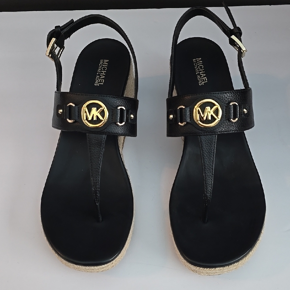 Michael Kors Black T-Strap Sandals with Gold Accents